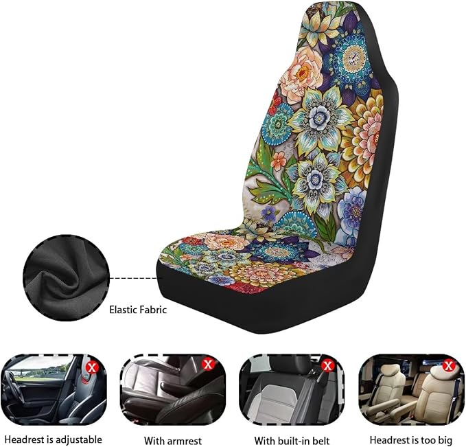 Boho Floral Front Car Seat Covers Set of 2 for Women, Universal Fit Bucket Seat Protectors for Cars, SUVs, Sedans and Trucks, Soft Breathable Polyester, Front Seats Only