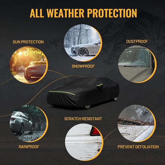 Favoto Car Cover Waterproof All Weather Windproof for Sedans 184-193 Inches | UV Protection, Soft Cotton Lining, Driver Door Zipper, Reflective Strips and Storage Bag Included with Vehicle Fitment Black