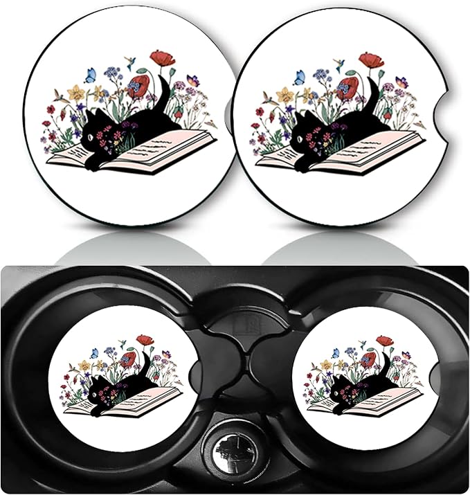 2PCS Cat Book Car Cup Holder Coasters Universal Anti-Slip Rubber Mat | Cat Auto Accessories Interior Decor, 2.75" Car Coasters for Cup Holders with Finger Slot, Cats Mom Gifts for Women Men