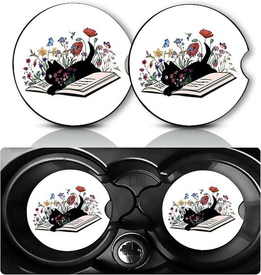 2PCS Cat Book Car Cup Holder Coasters Universal Anti-Slip Rubber Mat | Cat Auto Accessories Interior Decor, 2.75" Car Coasters for Cup Holders with Finger Slot, Cats Mom Gifts for Women Men