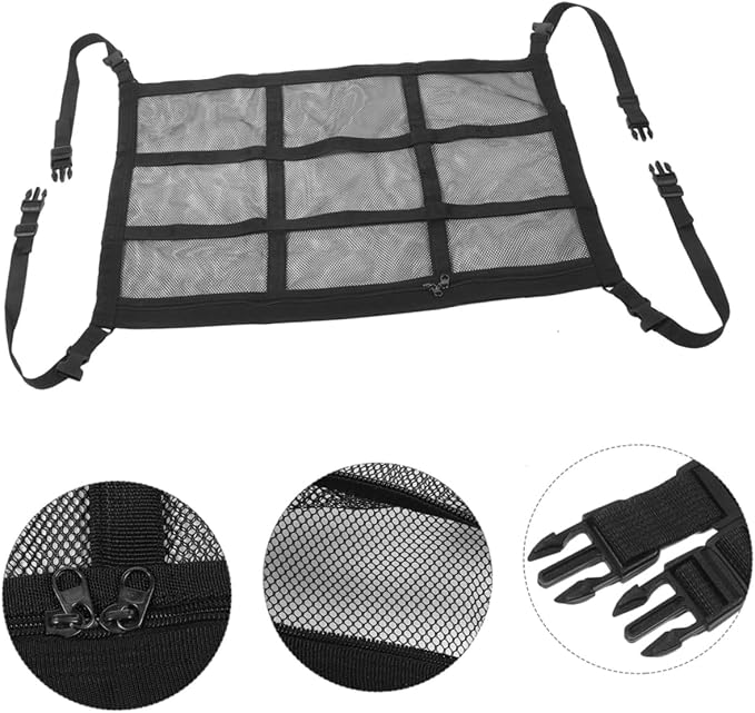 Car Ceiling Cargo Net Organizer Dual-Zipper Mesh Pouch for SUV Van Storage Overhead Accessory for Travel Essentials Umbrellas More