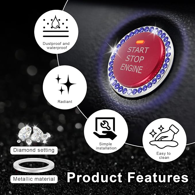 LivTee 2 PCS Crystal Rhinestone Car Engine Start Stop Decoration Ring, Bling Car Interior Accessories for Women, Push to Start Button Cover Sticker, Automotive Decals, Dark Blue