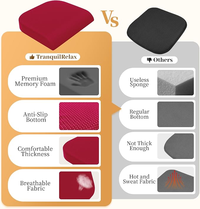 TranquilRelax XLarge Seat Cushion, Memory Foam Cushion for Long Sitting Hours on Office Chair, Home & Car, Non-Slip Chair Pad for Relieving Back & Sciatica & Hip & Coccyx Pain (Red)