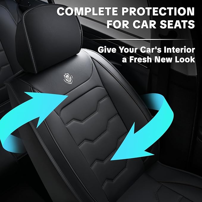 Black Car Seat Cover Full Set Kit, Universal Car Seat Cover for Car | Waterproof Leather, Protect & Upgrade Car Interior, Airbag Compatible, Easy to Install & Clean, For SUV, Pickup Truck, Sedan