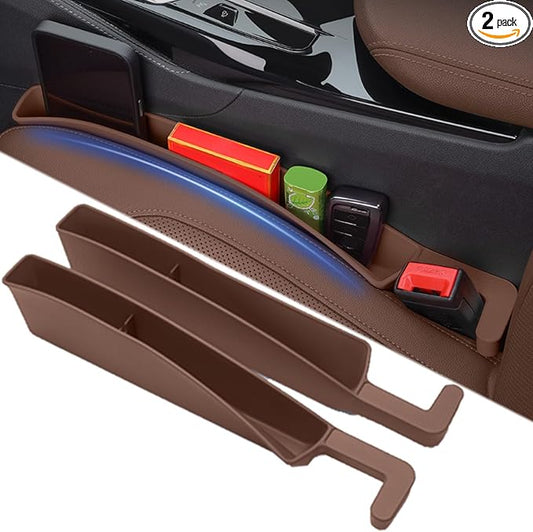 Universal Car Seat Gap Filler Plug Strip, Auto Seat Gap Organizer with Seat Belt & Storage Slot, 2 Pack Car Seat Catcher Accessories Fit Car SUV Truck for the Space Between Seat and Console, Brown