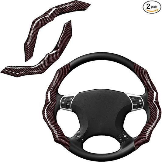 Carbon Fiber Steering Wheel Cover 2PCS Segmented Clip-on Protector (Brown) | Universal Fit, Anti-Slip Lining, Sporty Style, Car Interior Accessory for Men and Women