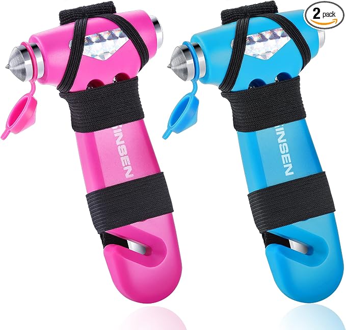 SINSEN Car Safety Hammer, Automotive Window Breaker and Seatbelt Cutter for Women, Roadside Emergency Kit, 3 in 1 Escape Tools, Road Trip Essential and Must Haves (2, Pink)
