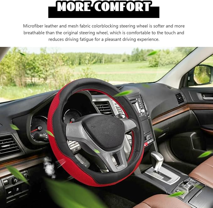 Microfiber Leather Steering Wheel Cover, Breathable Steering Wheel Protector with Anti-Slip Inner Ring, Universal 14.5"-15" Car Wheel Cover Auto Interior Decor for Men Women (Red)