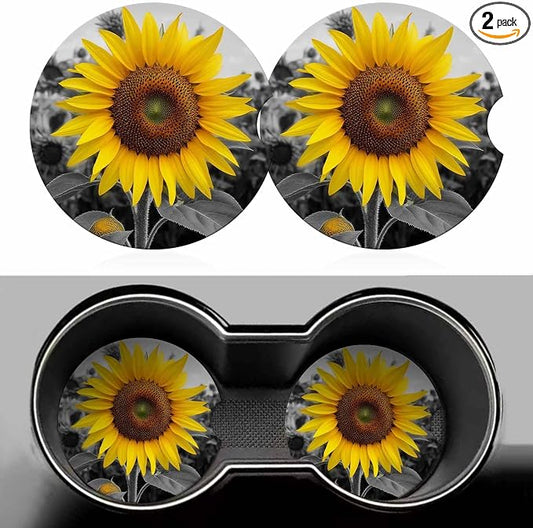 Bright Sunflower Car Cup Holder Coaster 2 Pack Absorbent Ceramic Car Coasters for Cup Holders Car Accessories Interior for Women Men Universal Anti Slip Cork Base Cup Coasters with Finger Notch