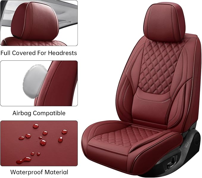Car Seat Covers,red Leather Front Seat Covers for Cars,Front Driver Seat Covers,Waterproof Car Seat Cushion Protectors,Universal Fit for Most Cars SUV Trucks(Burgundy-Front Seats)