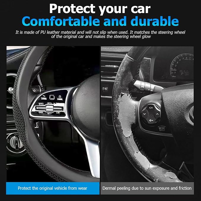 Car Steering Wheel Cover, 15 inch Ice Silk Leather Soft Comfortable Vehicle Steering Wheel Protector, Breathable Automotive Interior Accessories, Universal for SUV Sedan Truck (Black)