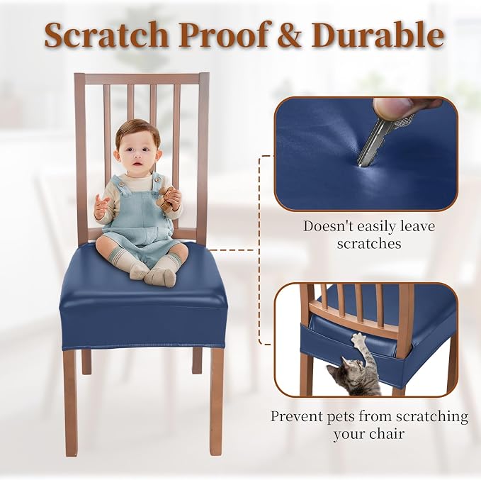 Waterproof Dining Chair Seat Covers Leather Kitchen Seat Covers, Stain Resistant Stretch Chair Seat Covers for Dining Room Chairs Set of 8, Rear Covered Washable Dining Chair Covers Navy