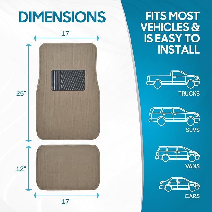 BDK Premium Medium Beige Carpet Floor Mats for Cars - Universal Fit Interior 4-Piece Car Mats Full Set with Vinyl Heel Pad Protector - Cute Car Accessories Interior Floor Covers for SUVs & Trucks