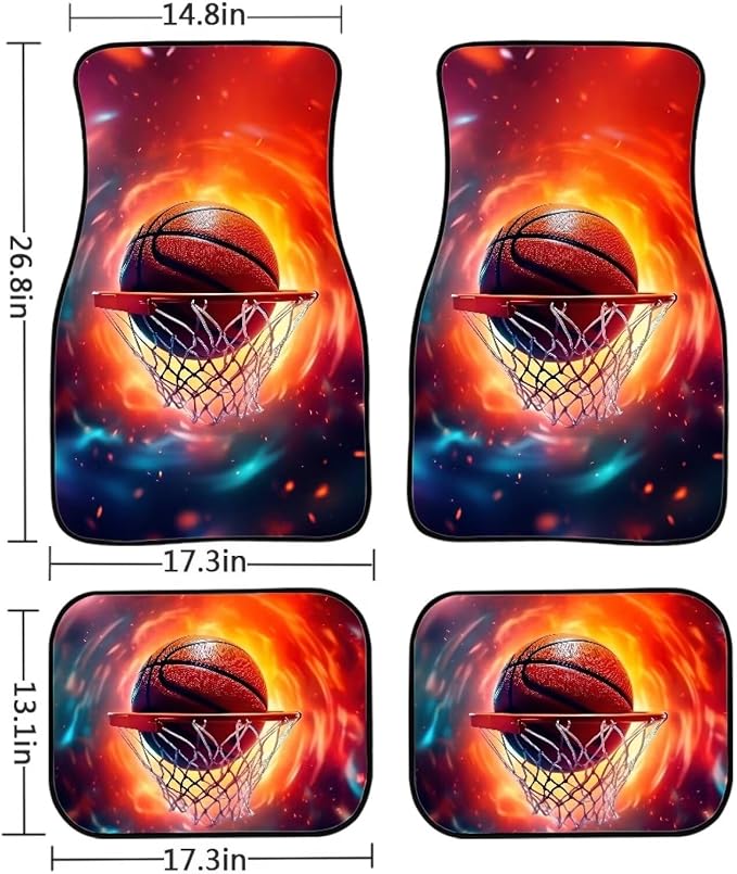 Basketball Print Car Floor Mats Set of 4 Abstract Fire Sports Ball Universal Vehicle Floor Carpet Decorative Auto Front Rear Foot Rugs for Trucks SUV Sedan