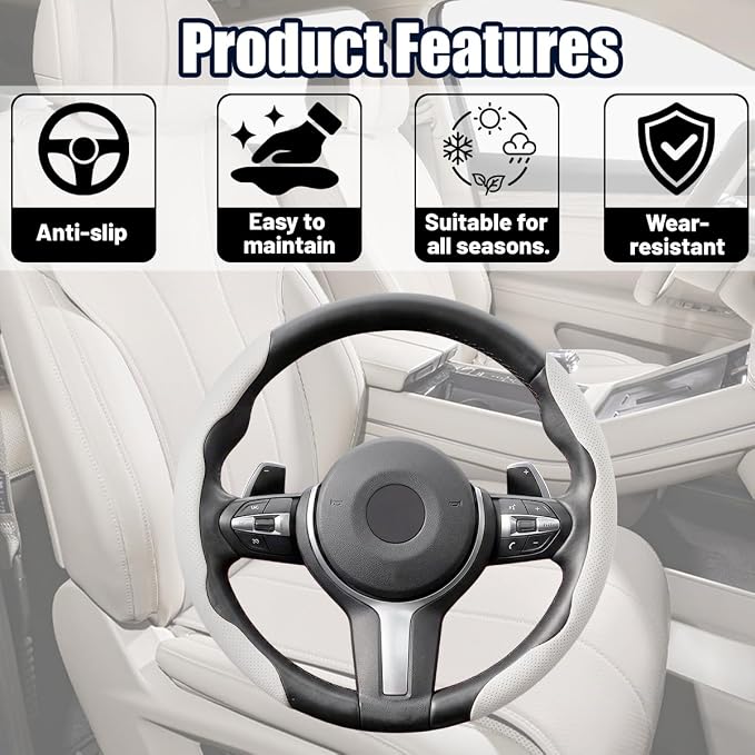 2PCS Car Steering Wheel Cover, 14.5-15" Breathable Nappa Leather Segmented Steering Wheel Protector with Non-Slip Grip, Stylish Auto Interior Decor Accessories, Universal for Vehicles (White)