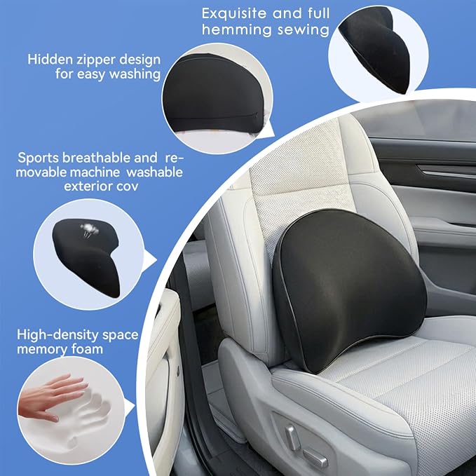 Really Supportive Lumbar Support Pillow for Car, Back Support Lumbar Pillow | 100% Memory Foam - Breathable Removable Cover, Ergonomic Design - Improve Sitting Posture & Back Pain Relief(Black, 1PC)