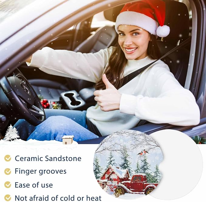 Car Coasters for Cup Holders 2.6"Dia Absorbent Coasters Set of 2 Car Interior Accessories for Women Men Ceramic Car Coaster for Drinks with Finger Grooves,Christmas Winter Snowflakes Snowman Truck Red