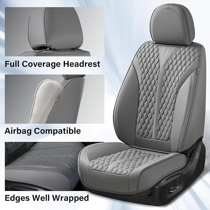 Coverado Leather Seat Covers, Car Seat Covers Full Set, Waterproof Seat Covers 5 Seats, Front and Back Car Seat Protector, Gray Car Seat Cover Universal Fit for Most Cars Suvs Trucks