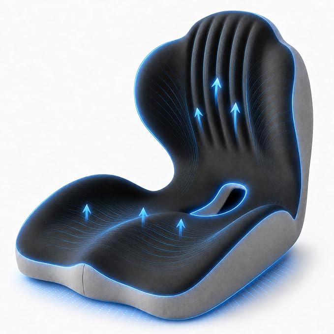 Ergonomic Memory Foam Seat Cushion with Back Support, Office Chair Cushion | L-Shaped Integrated Design with Lumbar Support and Tailbone Cutout for Office, Car, Computer, Dining Chairs (Black & Gray)