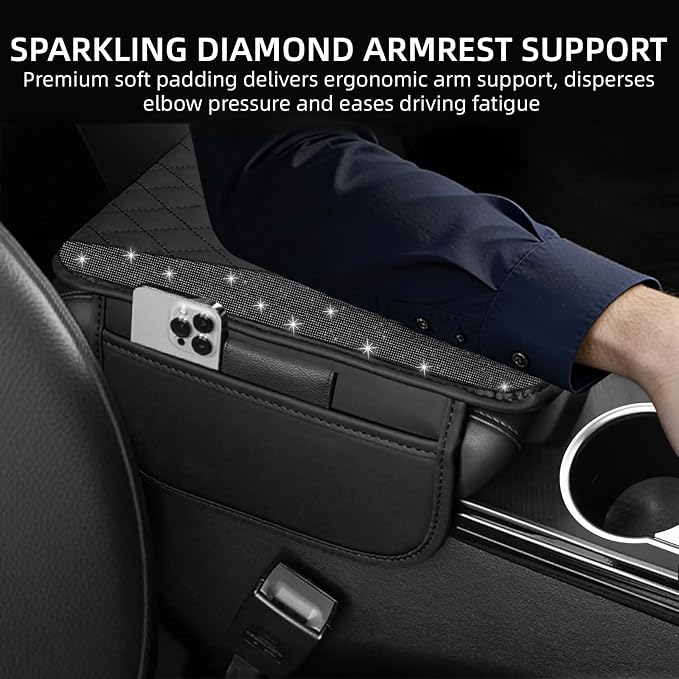 NBTEPEM Bling Car Center Console Cover, Leather Middle Console Cover with 2 Storage Bags, Universal Arm Rest Cover Protector, Bling Car Accessories Interior Fit for Most Vehicles, Black Diamond