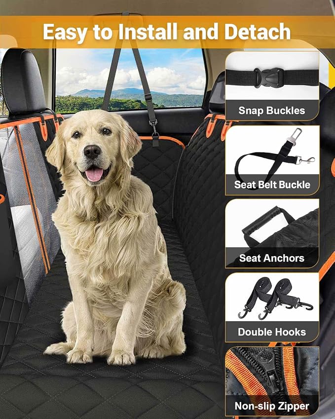 Dog Car Seat Cover, 600D Heavy Dute Car Seat Cover for Dogs Pets, 100% Waterproof Anti-Scratch Nonslip Dog Hammock for Cars, Seat Covers Protector with Seatbelt for Sedan SUV Truck XL Orange&Black