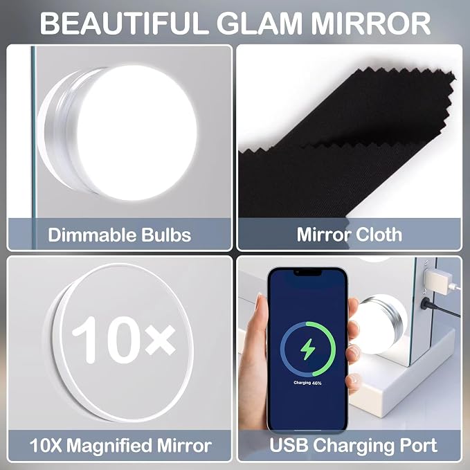 Gvnkvn Vanity Mirror with Lights Lighted Makeup Mirror with 15 Dimmable LED Bulbs,3 Color Lighting Modes,USB Charging Port Touch Control,Sturdy Metal Frame Design 24x18 Inch,White