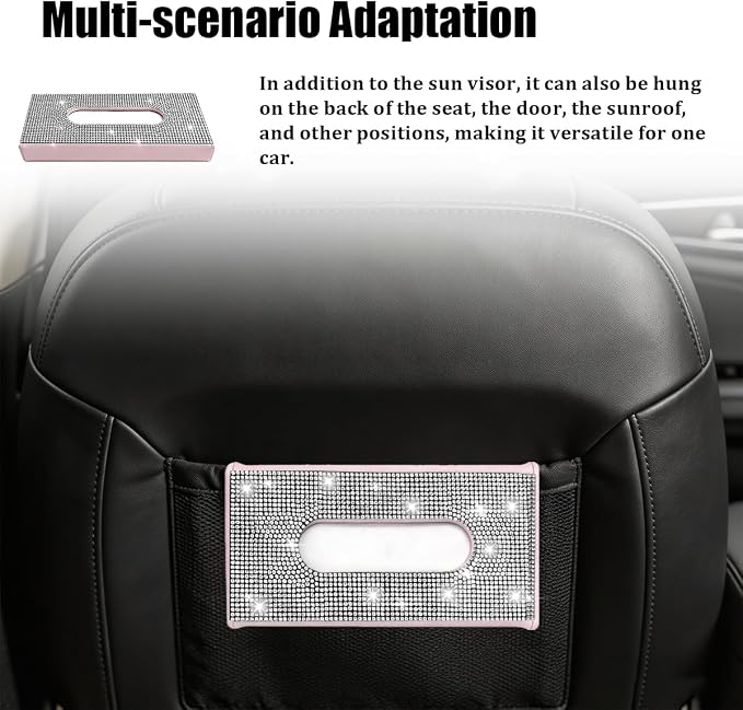 Bling Car Visor Tissue Holder, Shiny Rhinestone Leather Sun Visor Napkin Mask Case Holder Clip, Diamond AUT Paper Tissue Towel Box Dispenser, Universal Fit (White/Pink)