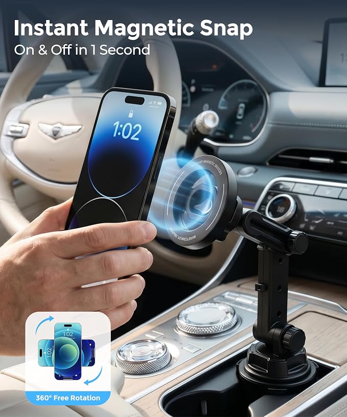 MagSafe Cup Holder Phone Mount, Adjustable Arm for iPhone 12-17 | MagSafe Cup Holder Phone Mount, 360° Adjustable Arm, Modular, No Dashboard Damage, Fits Cars, SUVs & Trucks, iPhone 12-17