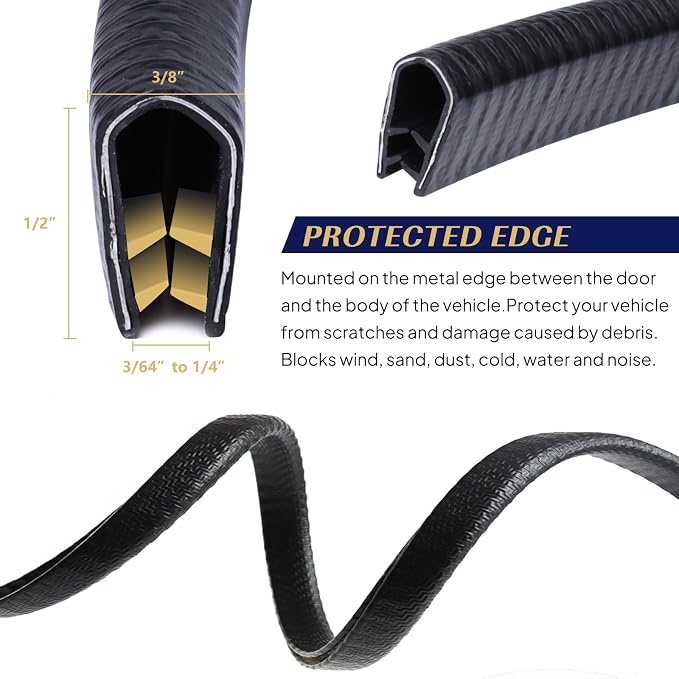 Black Edge Trim U-Channel Rubber Seal Edge Trim with Metal 1/2" X 3/8" - Fit Gap 3/64" to1/4 Car Door Edge Sealing Strip,PVC Weather Stripping with Steel, Metal Edge Protector, 100FT