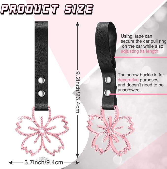 Fabbay Cherry Blossoms Car Handle Strap Drift Charm Car Accessories Bling Handle Ring for Women Rear Bumper Warning Ring Decor for Auto Bus Interior Exterior Decoration (Pink, Sakura Style)