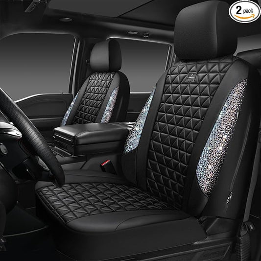 CAR PASS Bling Diamond Leather Car Seat Covers for 2 Front Interior Sets, Waterproof Shining Glitter Sparkly Crystal Universal Armrest Automotive Truck SUV Cute Women Girl, Black Multicolor Rhinestone