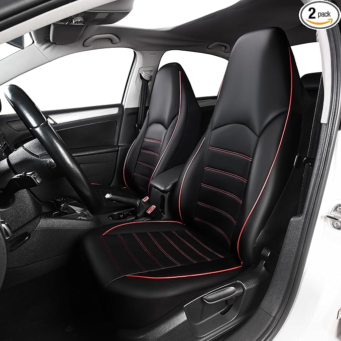 TOYOUN Classic Universal PU Leather Car Front Seat Covers High Back Bucket Seat Cover - Fit Most Cars, Trucks, SUVS, Vans 2 PCS Red Trim Auto Seat Covers Set for All Seasons