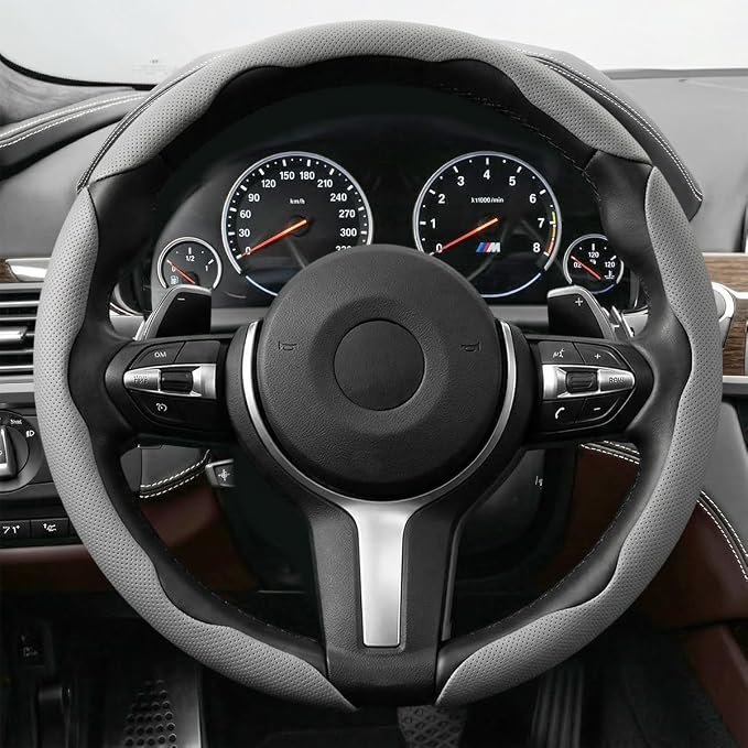 3PCS Car Steering Wheel Cover, 14.5-15" Breathable Nappa Leather Segmented Steering Wheel Protector with Non-Slip Grip, Stylish Auto Interior Decor Accessories, Universal for Vehicles (Gray)