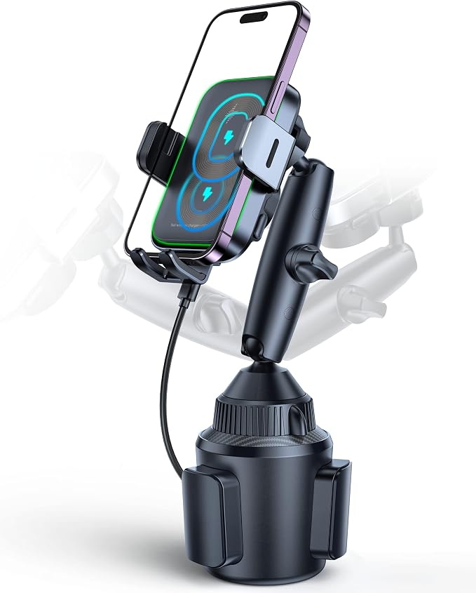 APPS2Car Dual Coil Wireless Car Charger Auto Clamping 15W Cup Holder Phone Wireless Charging Mount Tri-Pivots Height Adjustable Fast Charge for Cars, SUVs & Trucks, for iPhone 12-17, Samsung, etc.