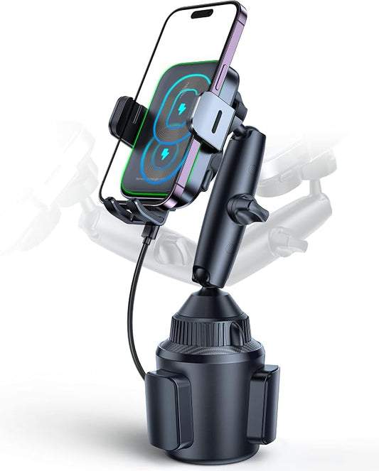 APPS2Car Dual Coil Wireless Car Charger Auto Clamping 15W Cup Holder Phone Wireless Charging Mount Tri-Pivots Height Adjustable Fast Charge for Cars, SUVs & Trucks, for iPhone 12-17, Samsung, etc.