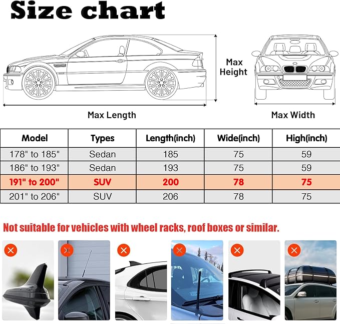 7 Layers Waterproof Heavy Duty Car Covers for Automobiles All Weather Season Anti-Hail UV Protection Snowproof Outdoor 14.6LBS Full Cover Universal Fit SUV 191" to 200"(Silver)