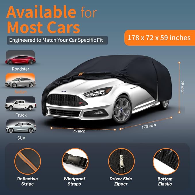 Hatchback Cover Outdoor Car Covers(Length up to 178 inch) Universal Fit for VW Golf,Honda Fit,Ford Focus,Toyota Yaris,Chevrolet Bolt,Ioniq,Clubman,Nissan Leaf,Versa etc Size H1(See Size Chart)