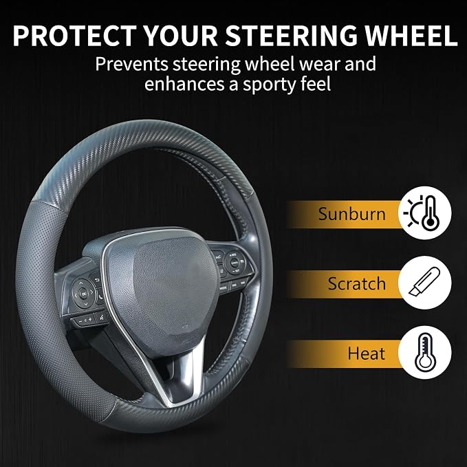 Uxcer Carbon Fiber Leather Steering Wheel Cover, Universal 14.5–15 Inch Non-Slip Breathable Steering Wheel Cover for Cars, Carbon Fiber