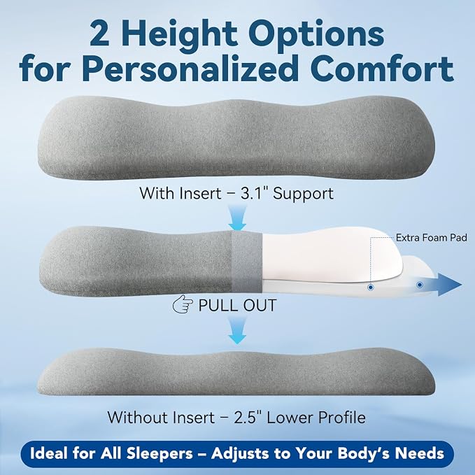 Adjustable Height Lumbar Support Pillow for Sleeping, Ergonomic Contour Lower Back Pillow for Bed with Breathable Washable Cover, Spine Alignment & Sleep Comfort, Grey