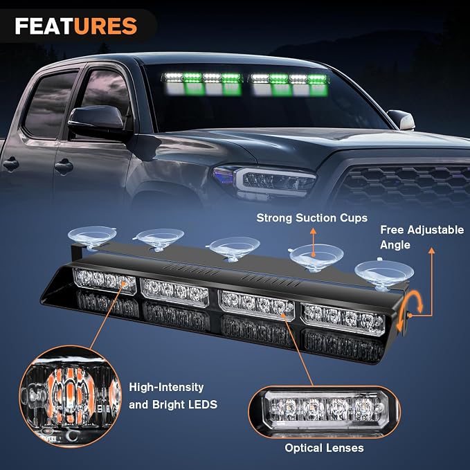 Nilight 32LED Green White Emergency Dash Strobe Lights with Controller Suction Cups Warning Hazard Interior Front/Rear Windshield Deck Split Light Bar for Truck Construction Vehicle