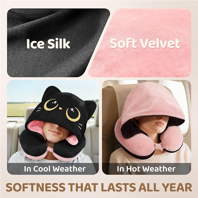 Mewaii Travel Neck Pillow with Hood for Airplanes,Memory Foam,Breathable Ice Silk & Soft Velvet,Double-Sided,Removable to Clean,Adjustable Strap,Portable Travel Pillow for Long Flights Adults & Teens
