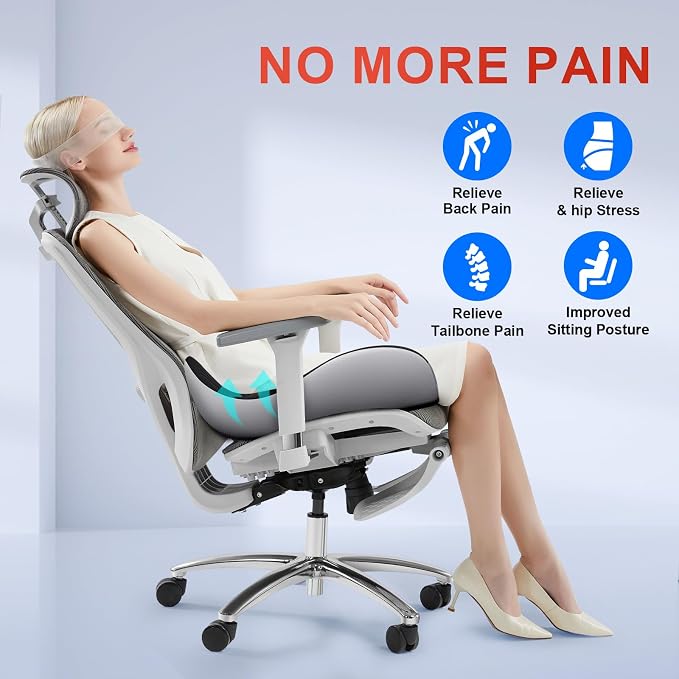 Benazcap XL Ergonomic Seat Cushion Relieves Sciatica & Tailbone Pain | Memory Foam cushion, washable cover & anti-slip base, long-sitting pad for office, gaming and car seats Black & Grey