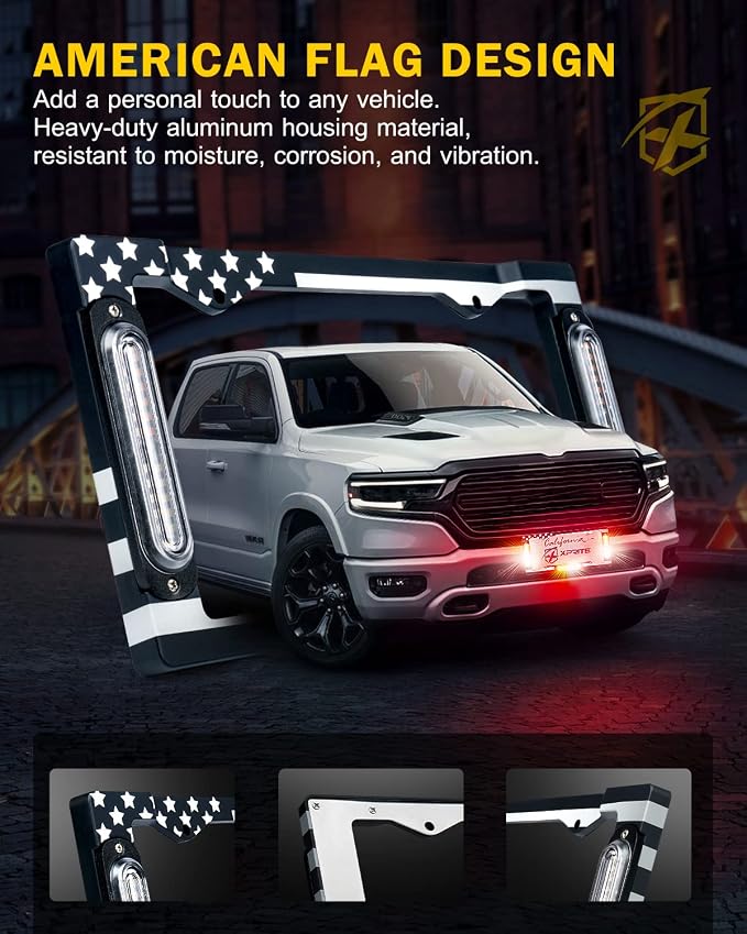 Xprite 36 LED License Plate Strobe Light, US Flag Front/Rear Utility Lights, 22 Modes Caution Frame for Construction Towing Snow Plow Pickup Work Trucks Cars - White Red (w/Pre-Installed 9FT Cable)