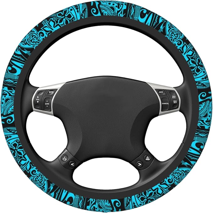 Hawaiian Polynesian Teal Tribal Car Steering Wheel Cover for Women Men 14-15 Inch Stretch Cloth Anti-Slip Wrap Protector Case Fit Universal Auto Accessories Decor Sweat Absorption