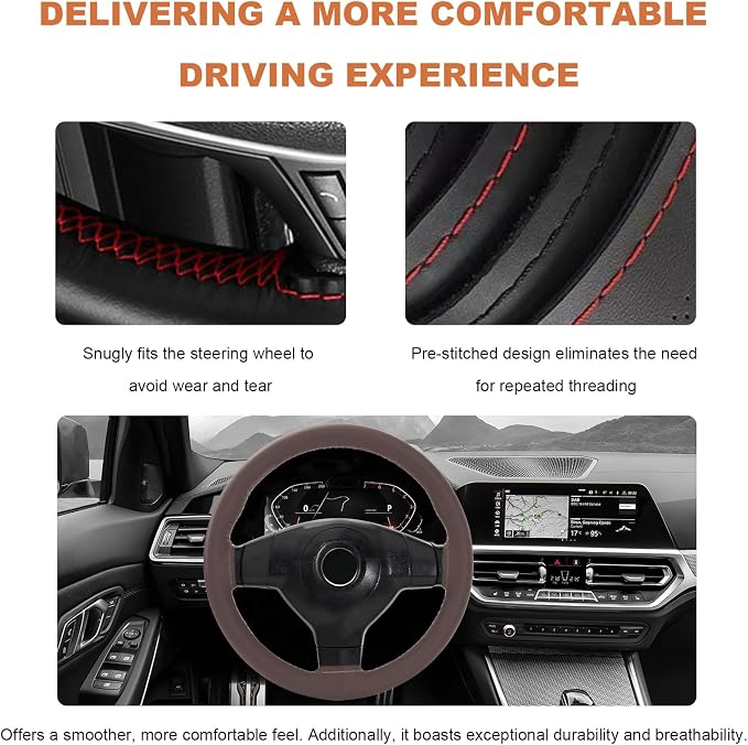 Genuine Leather Steering Wheel Cover, 15 Inch Stitch on Wheel Wrap with Needles & Threads, Breathable Steering Wheel Protector DIY Sewing Wrap for Car Truck SUV (Coffee, Glossy)