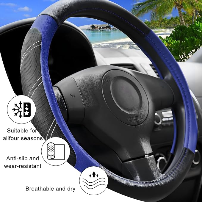 Zpana Car Steering Wheel Cover, 15 Inch Carbon Fiber Leather Non-Slip Steering Wheel Protector with Lining, Breathable Automotive Interior Accessories, Universal for SUV RV Truck (Blue)