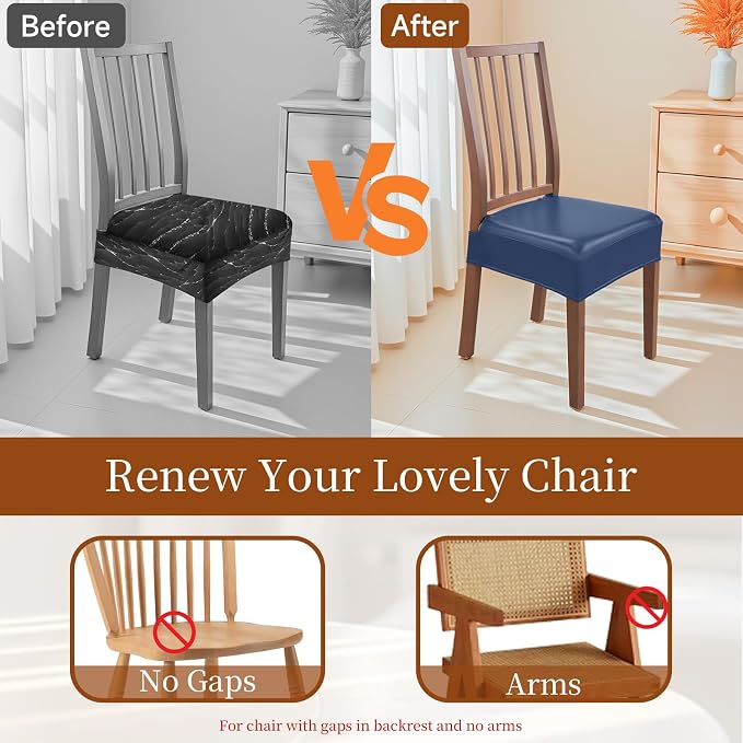 Waterproof Dining Chair Seat Covers Leather Kitchen Seat Covers, Stain Resistant Stretch Chair Seat Covers for Dining Room Chairs Set of 4, Rear Covered Washable Dining Chair Covers Navy