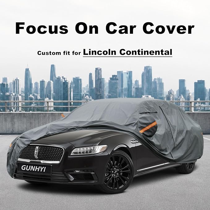 GUNHYI Premium Car Cover Custom Fit Lincoln Continental, 16 Layers Heavy Duty Car Cover Waterproof All Weather with Zipper Door for Sun Rain Snow Dust Uv Protection