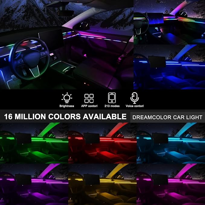 Dreamcolor Acrylic Interior Car LED Strip Light with USB/Type C, 10 in 1 with 175 inches 600 LEDs Ambient Lighting Kits, Sound Active Function Neon Accessories