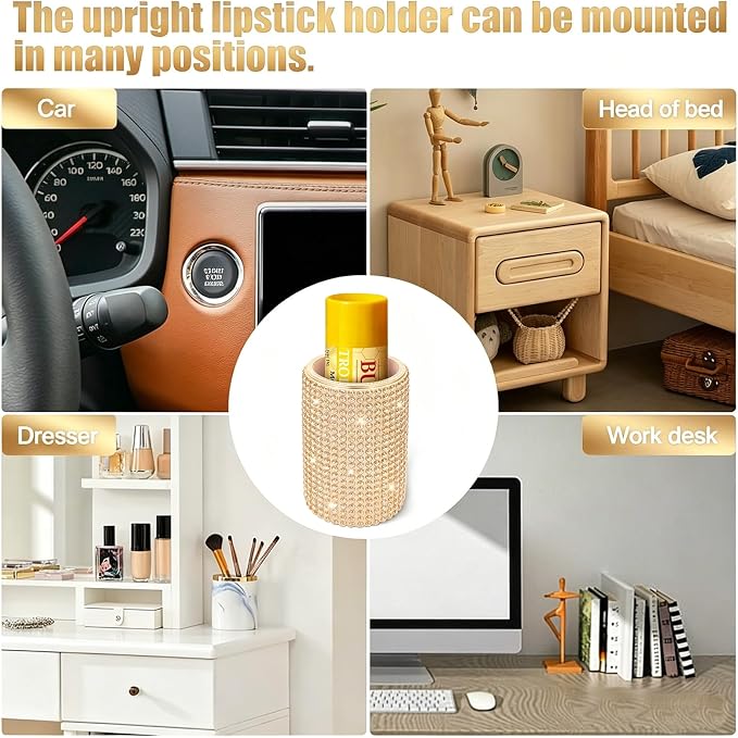 Upright Car Chapstick Holder, Bling Insulating Lip Balm Holder,Rhinestone Car Accessories for Women Interior ,Suitable for Most Vehicles. (Champagne Gold)